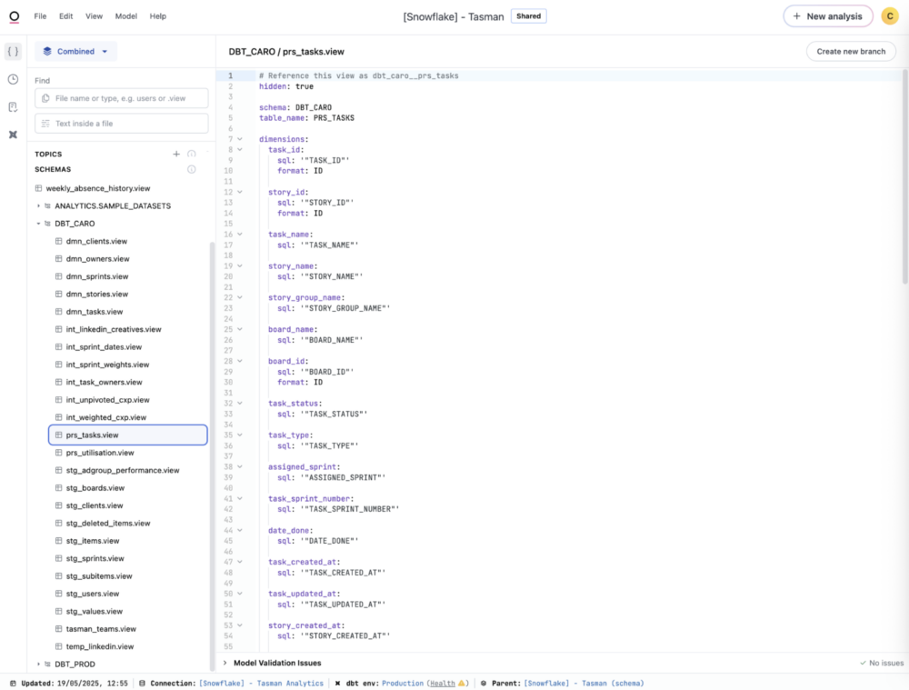 Omni schema model interface showing database tables and views for Looker to Omni migration