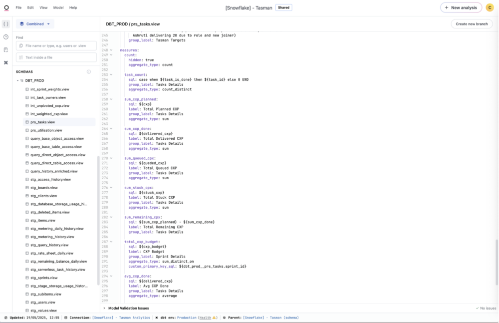 Omni shared model YAML code showing business logic for tasks view in dbt integration