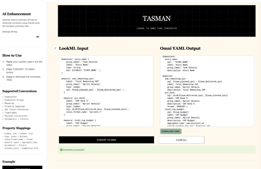LookML to Omni YAML converter tool interface showing side-by-side code conversion